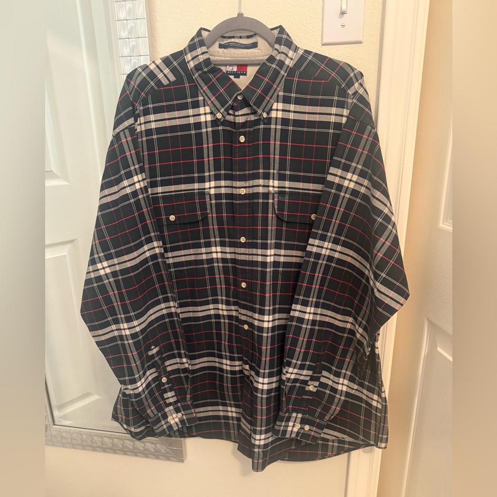 Vintage Tommy Hilfiger Black, White & Red Plaid Button-Down Shirt - XL